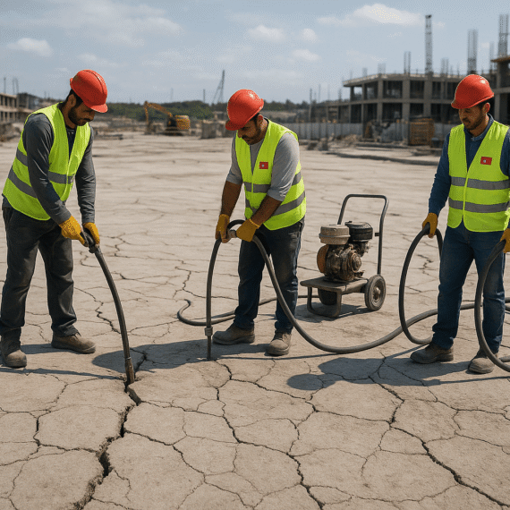 Enjeksiyon uygulaması sırasında kaliteli malzeme ve modern ekipman kullanan uzman saha çalışanları