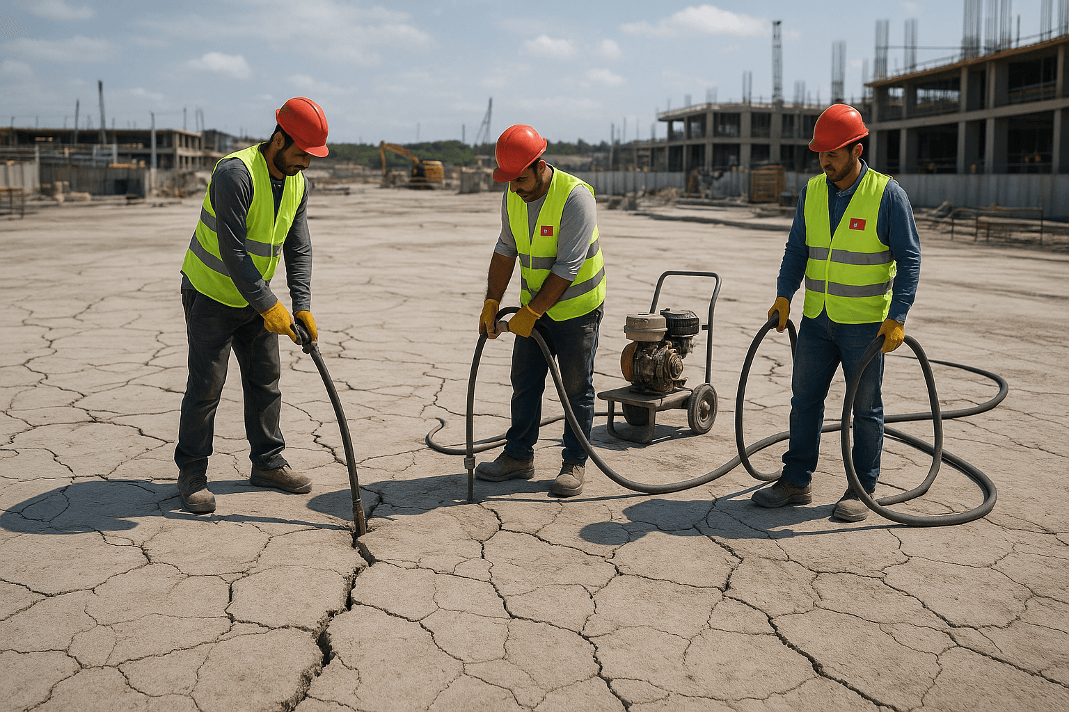 Enjeksiyon uygulaması sırasında kaliteli malzeme ve modern ekipman kullanan uzman saha çalışanları