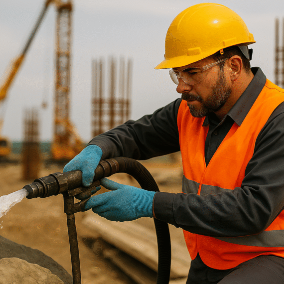 İnşaat sahasında yüksek basınçlı enjeksiyon uygulaması gerçekleştiren uzman çalışan