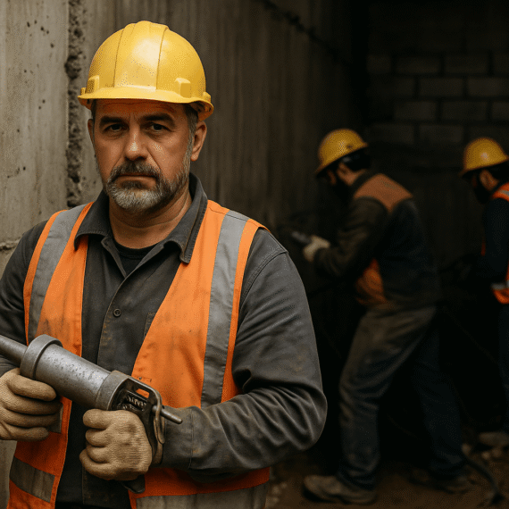 Şantiyede enjeksiyon uygulaması yapan uzman çalışanların gerçekçi fotoğrafı