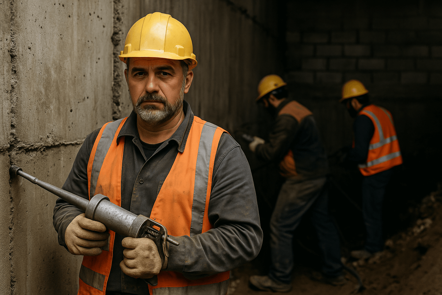Şantiyede enjeksiyon uygulaması yapan uzman çalışanların gerçekçi fotoğrafı