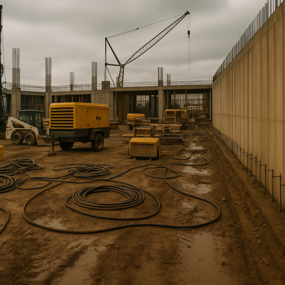 Şantiyede enjeksiyon uygulaması yapan uzman çalışanlar ve ekipmanlarla dolu sahadan yatay fotoğraf