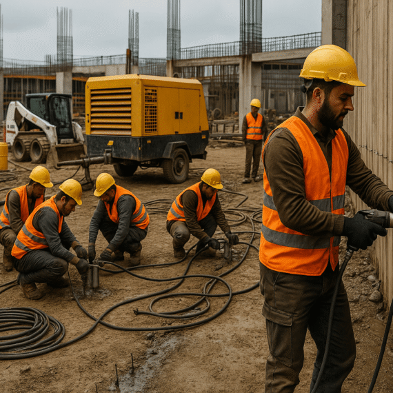 Şantiyede enjeksiyon uygulaması yapan uzman çalışanlar ve ekipmanlarla dolu sahadan yatay fotoğraf
