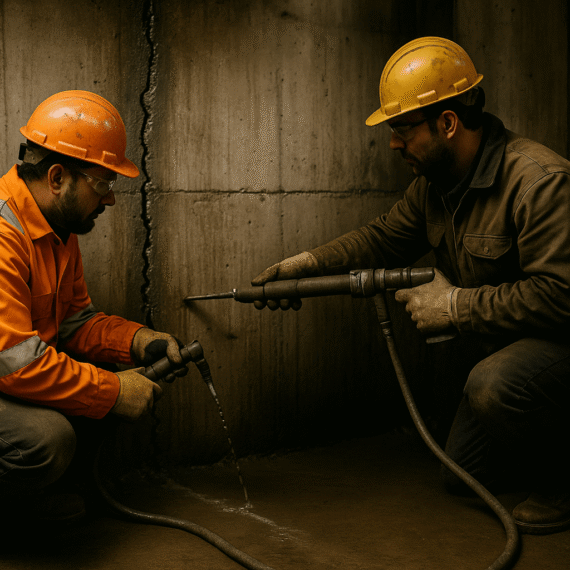 Su sızıntısı onarımı ve yapı güçlendirme için enjeksiyon uygulaması görseli