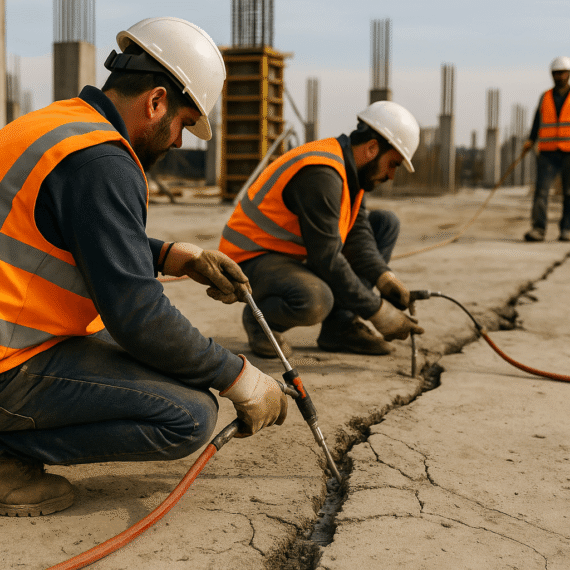 Beton zemindeki çatlağa enjeksiyon uygulayan iki inşaat işçisi