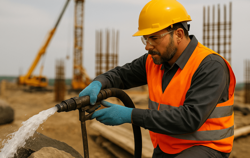 İnşaat sahasında yüksek basınçlı enjeksiyon uygulaması gerçekleştiren uzman çalışan